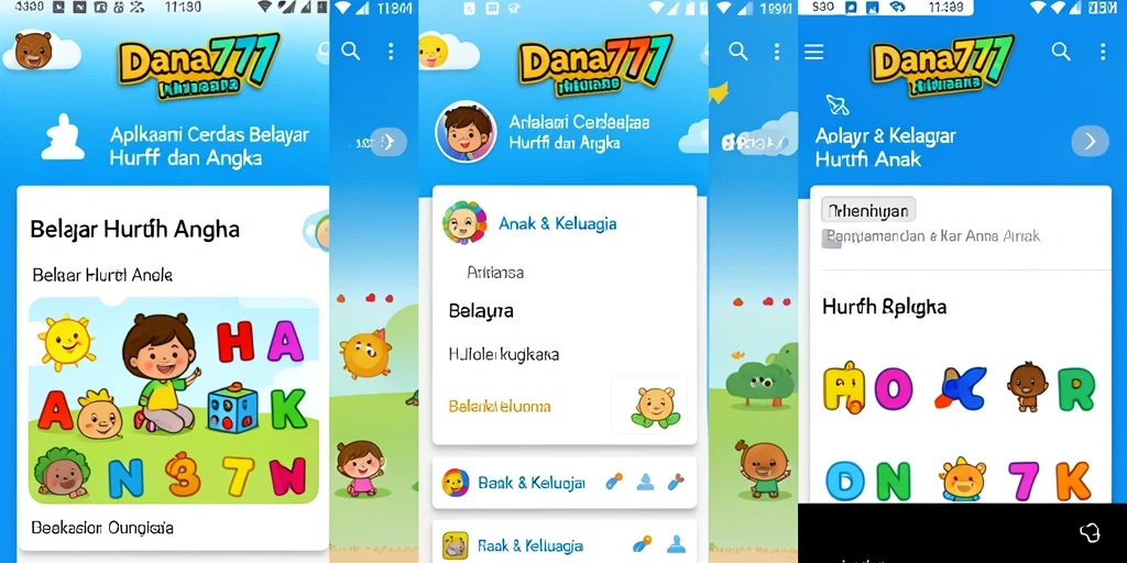 Tampilan antarmuka DANA777 untuk belajar huruf dan angka bagi anak.